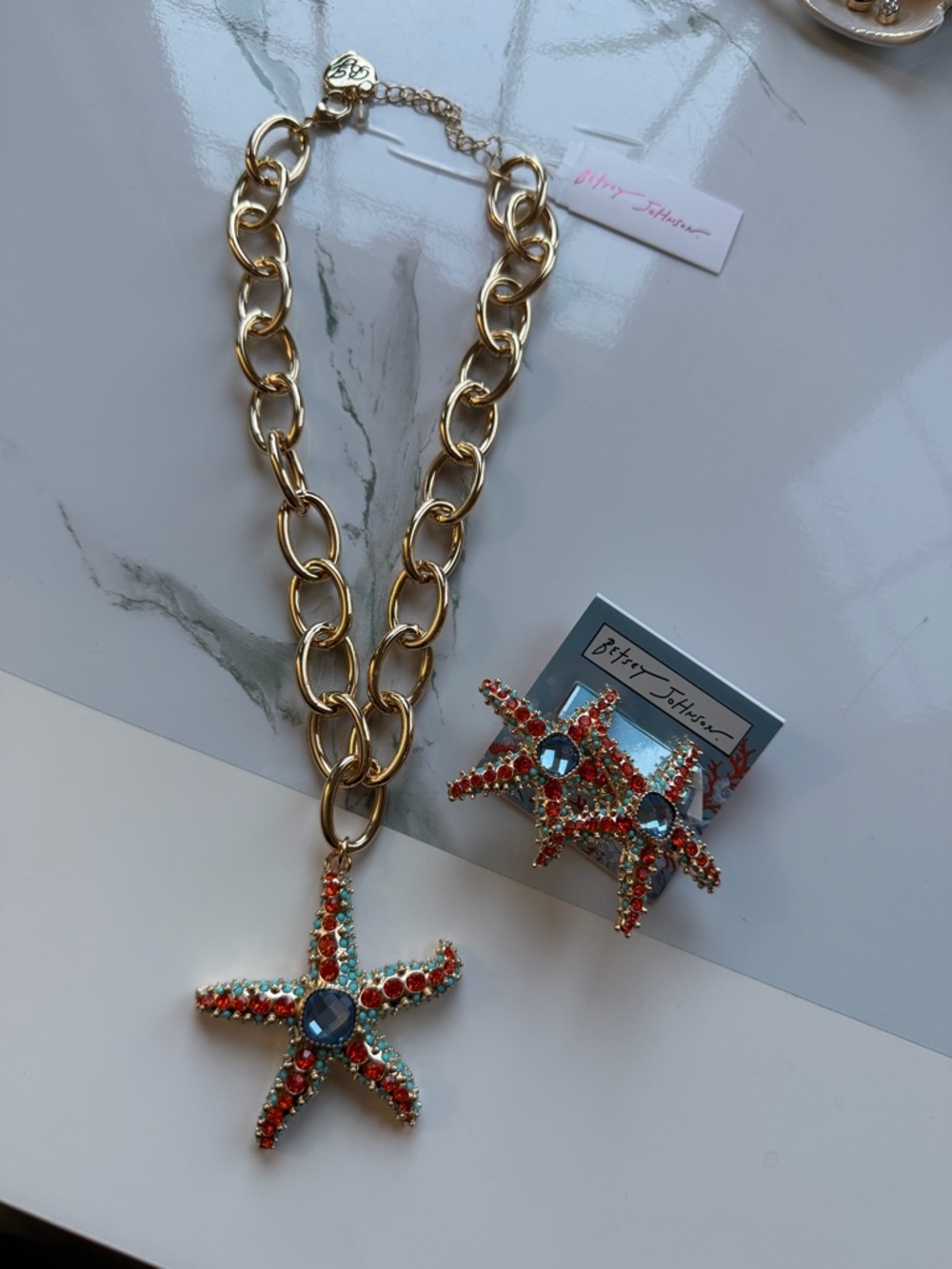 Rare Betsey Johnson Shiny Gold Oversized Link Starfish Necklace with Earrings - Picture 4 of 7